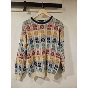 Botany 500 Men Size Large colorful crewneck pullover knit sweater made in USA